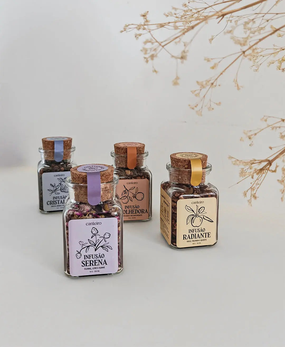 Conjunto de infusões artesanais e naturais com cores chamativas e claras.